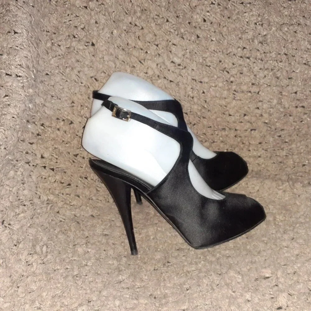 FENDI-Black Satin Peep Toe Platform Slingback Sandals-Sz 37.5-Excellent - Picture 4 of 8